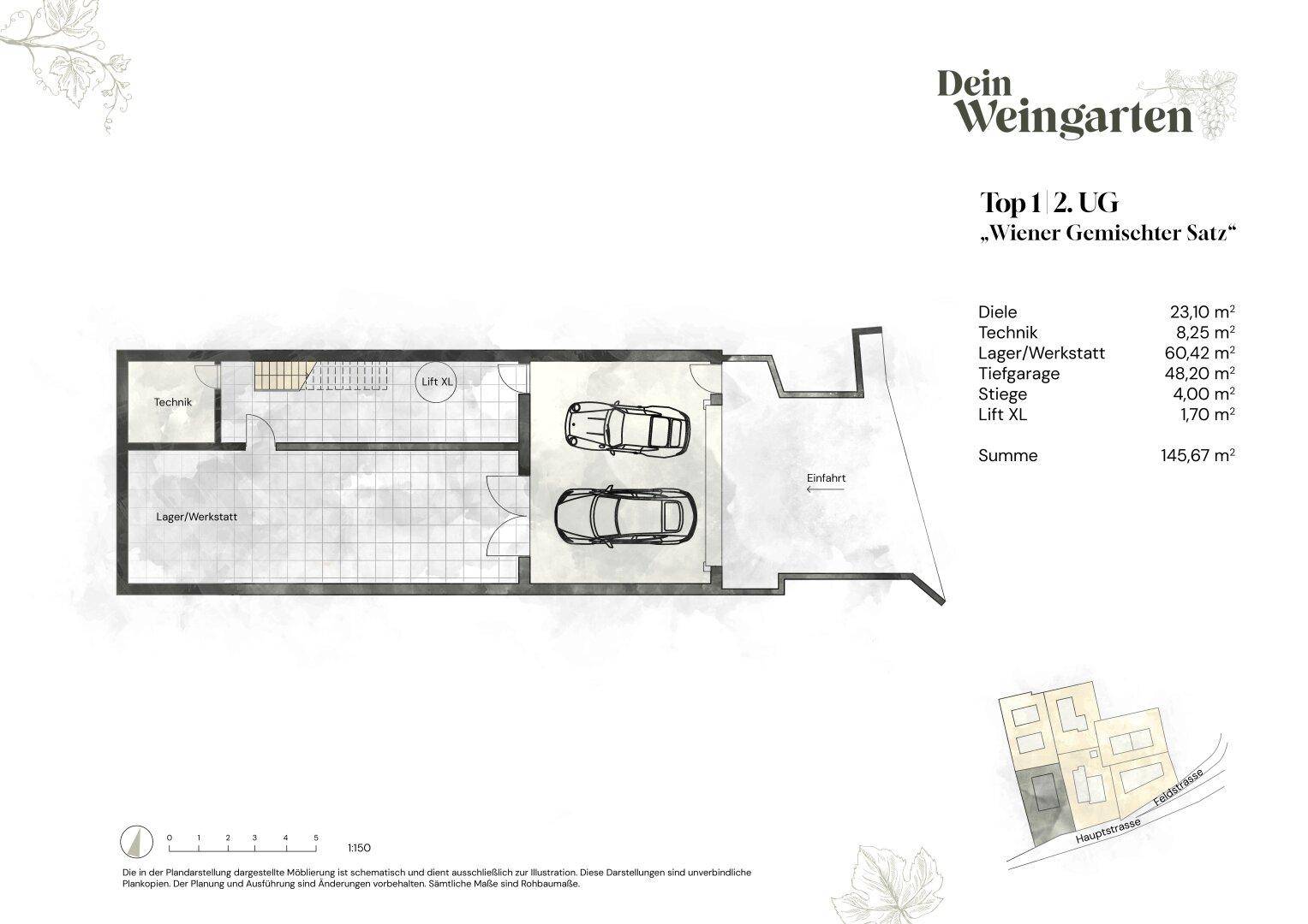 Grundriss des zweiten Untergeschosses mit Tiefgarage, Technikraum und Lager/Werkstatt.