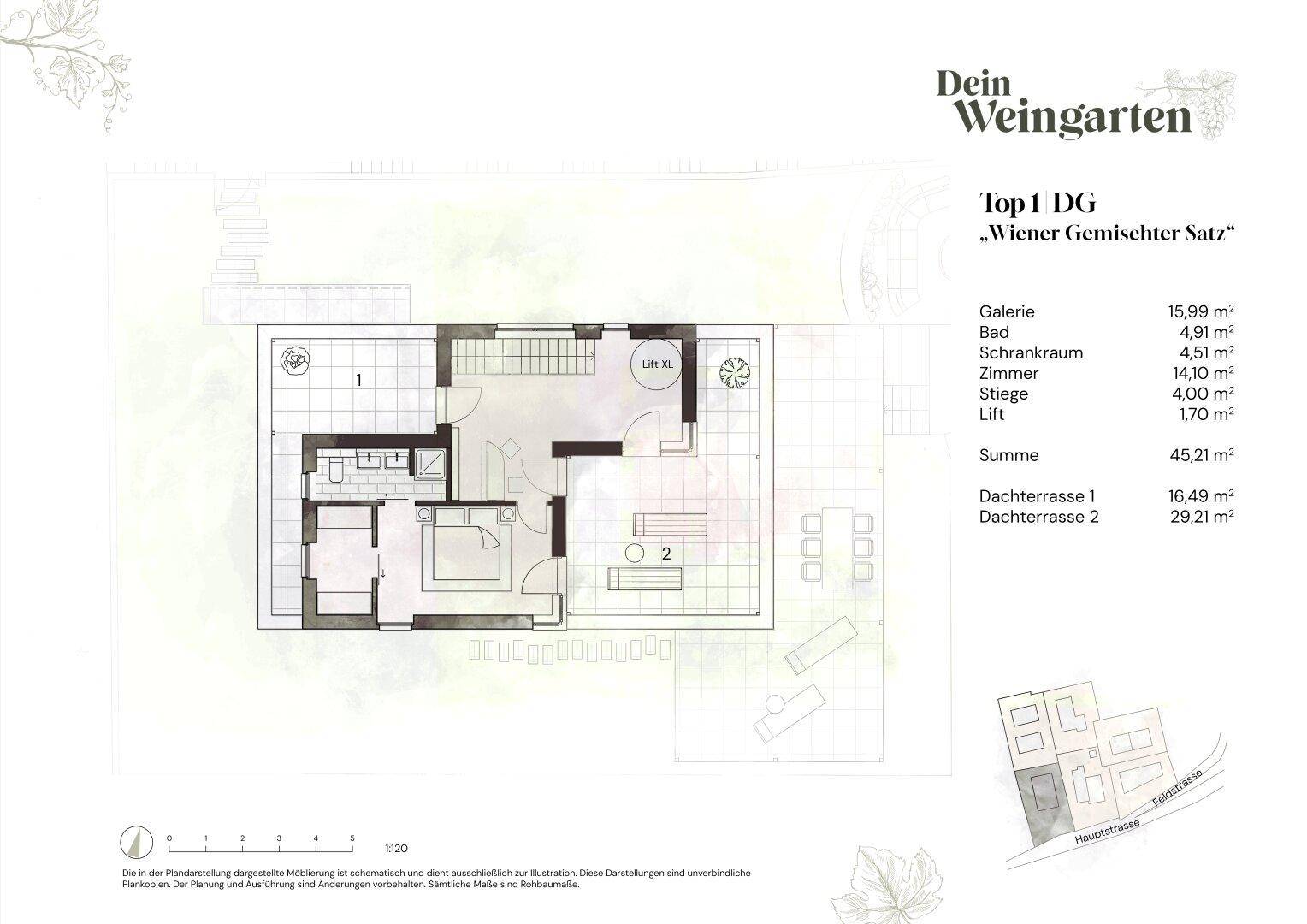 Grundriss des Dachgeschosses mit Galerie, Schlafzimmer, Bad und zwei Dachterrassen.