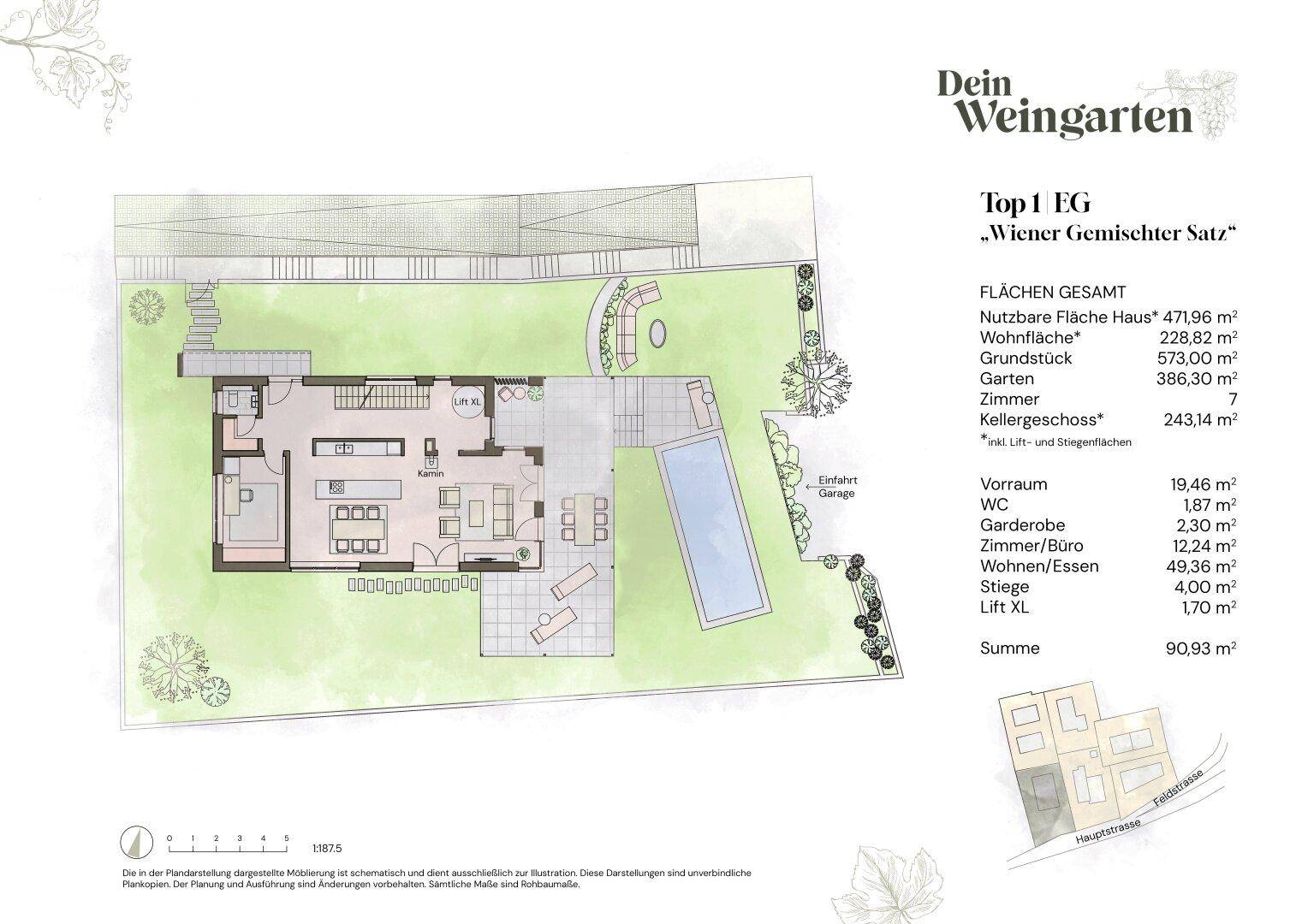 Grundriss des Erdgeschosses mit offenem Wohn-/Essbereich, Küche, Garten und Pool.