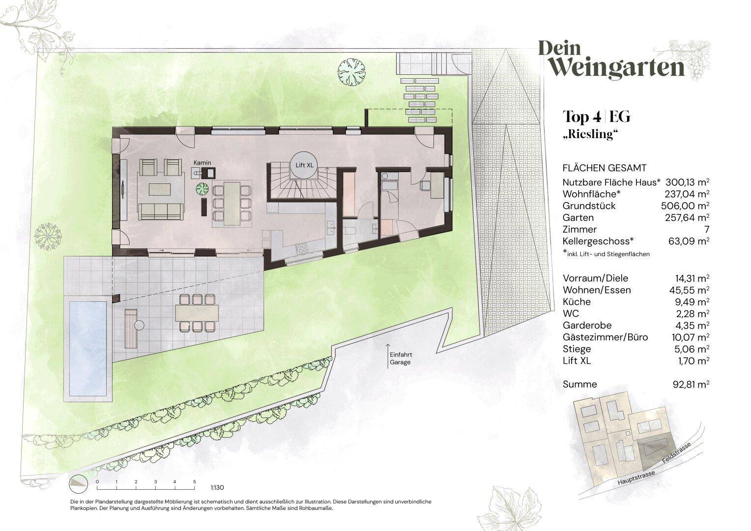 Grundriss des Erdgeschosses mit offenem Wohnbereich, Küche, Gästezimmer und Terrasse mit Pool.