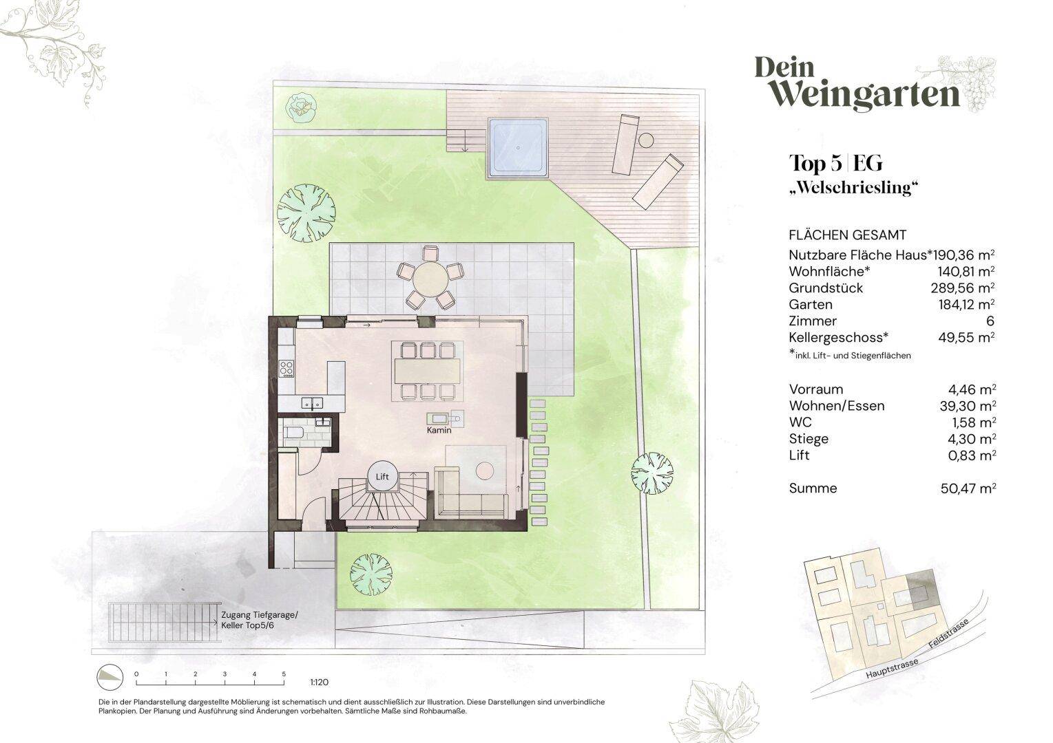Grundriss des Erdgeschosses mit offenem Wohnbereich, Garten, Terrasse und integriertem Pool.