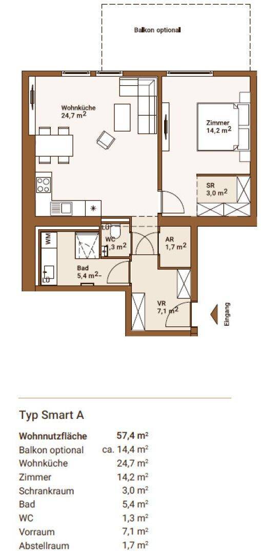 Grundriss der Wohnung Typ Smart A mit Wohnküche, Schlafzimmer und optionalem Balkon.