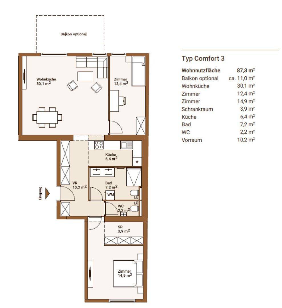 Grundriss der Wohnung "Typ Comfort 3" mit optionalem Balkon und Raumaufteilung.