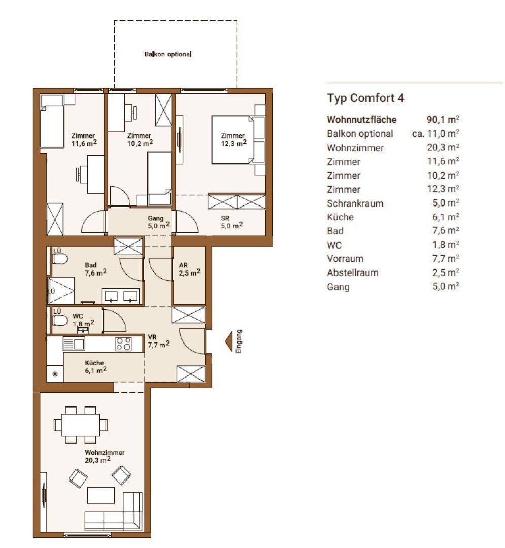 Grundriss "Typ Comfort 4" mit drei Zimmern, offener Küche und optionalem Balkon.