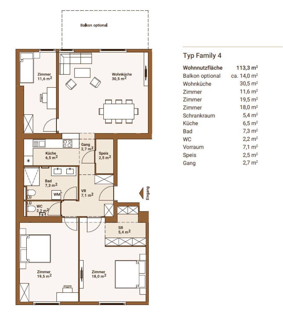 Detaillierter Grundriss des Typs Family 4 mit Wohnküche und optionalem Balkon.
