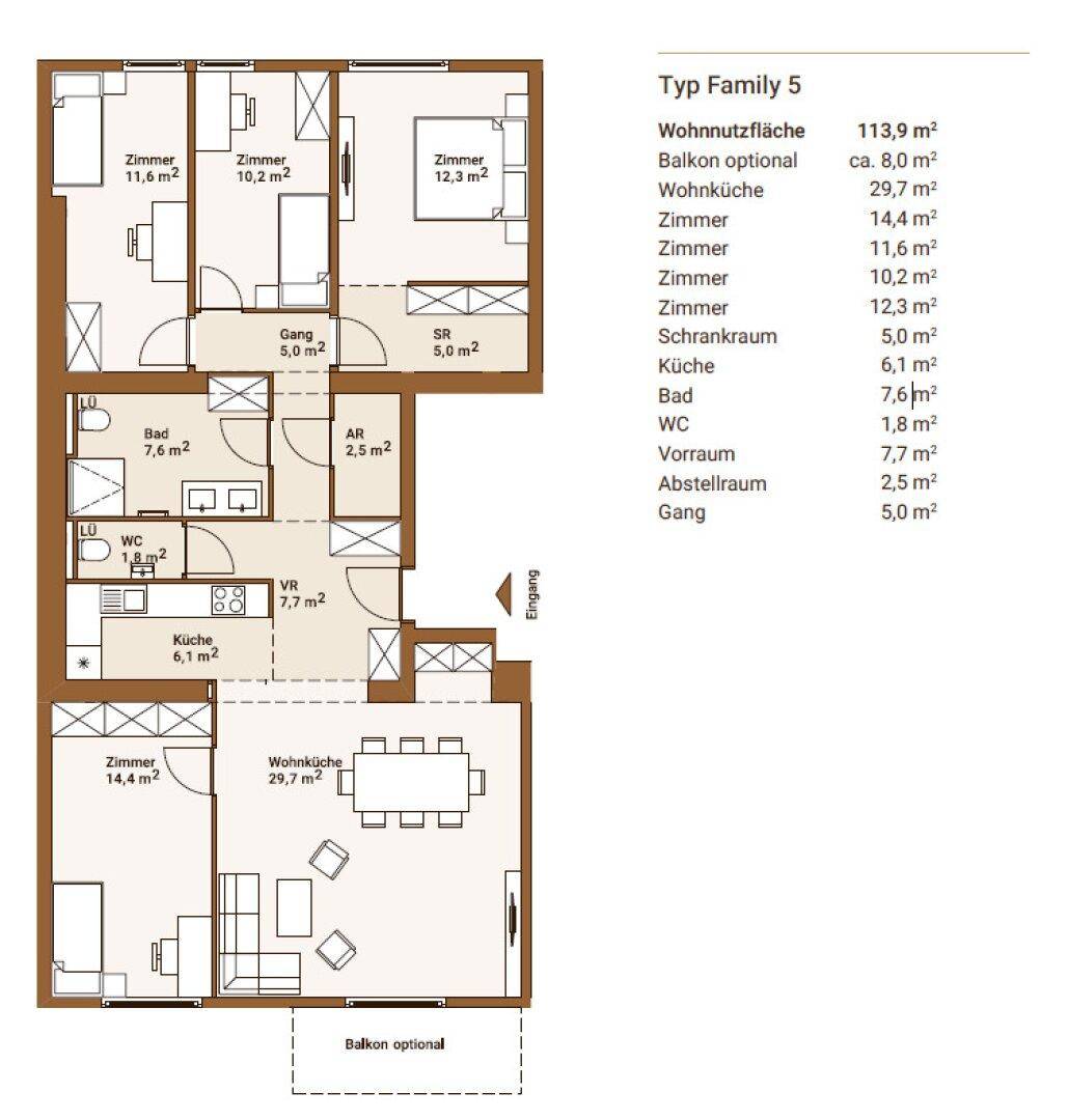 Detaillierter Grundriss "Typ Family 5" mit Wohnküche, drei Zimmern und optionalem Balkon.