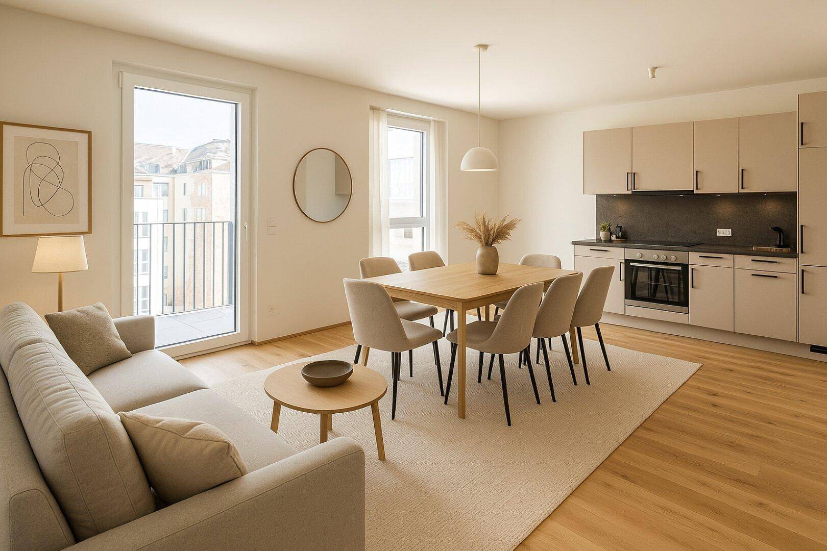 Heller offener Wohn-Essbereich mit integrierter Küche, Holzboden und Zugang zum Balkon.