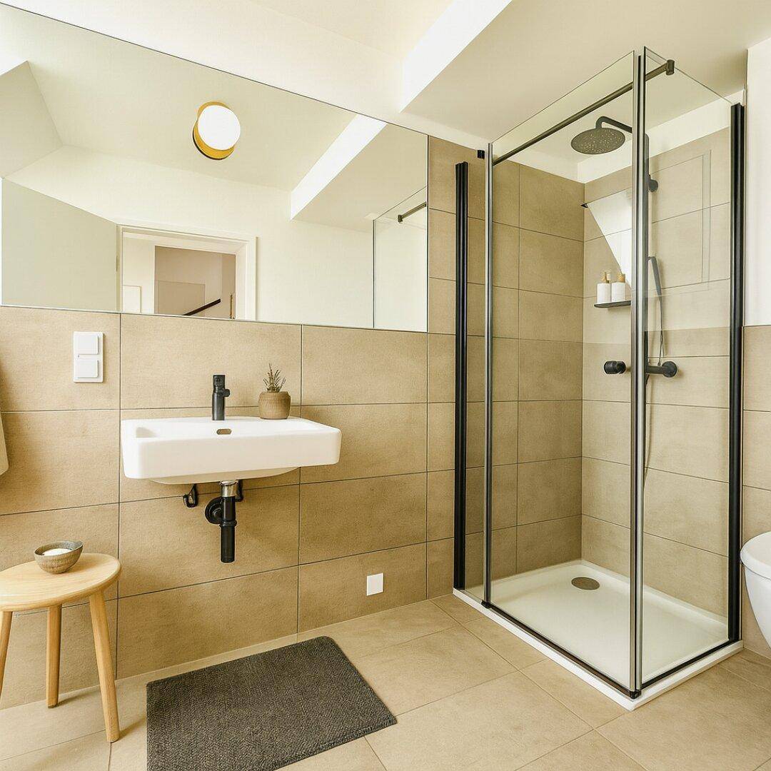 Modernes Badezimmer mit großem Spiegel, ebenerdiger Dusche und Wand-WC.