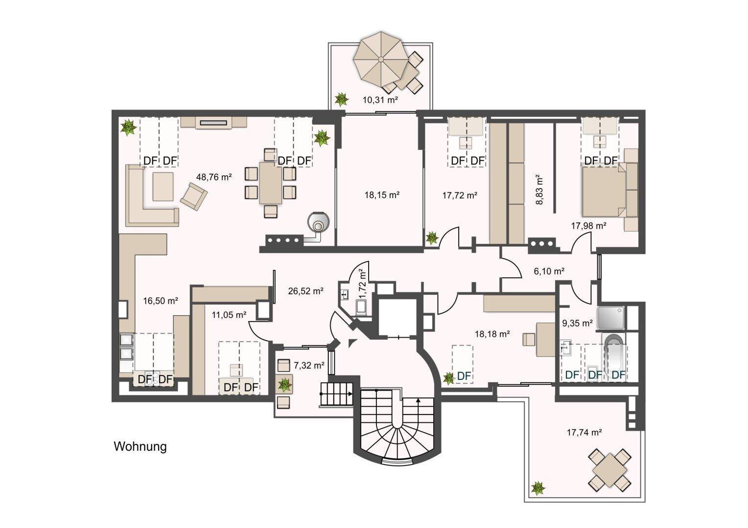 Detaillierter Grundriss einer Wohnung mit großem Wohn-Essbereich, mehreren Schlafzimmern, Bädern und zwei Außenbereichen.
