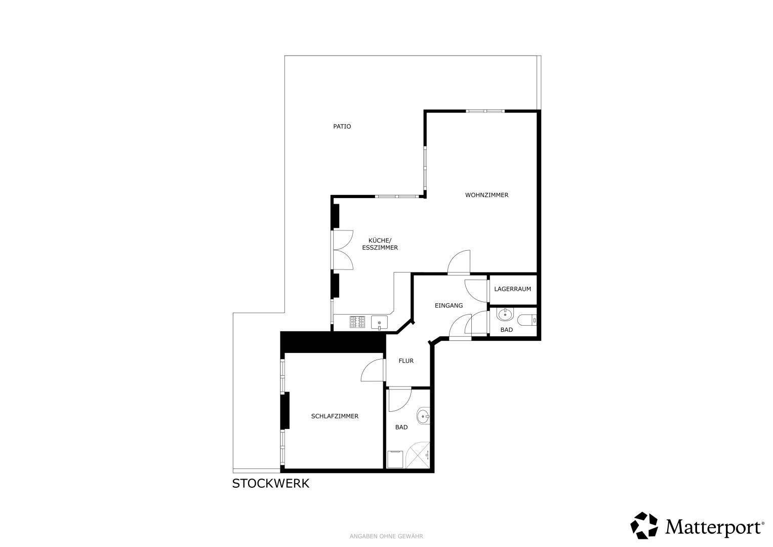 Grundriss zeigt die Aufteilung der Wohnung mit Wohnzimmer, Küche und Schlafzimmer.