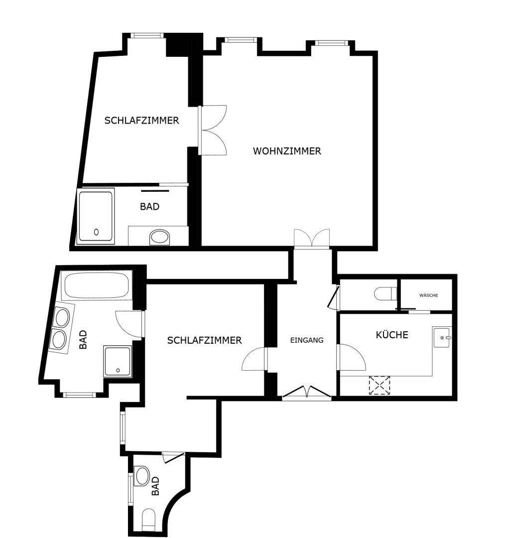 Übersichtlicher Grundriss der Wohnung mit Schlafzimmern, Wohnzimmer, Küche und Bädern.