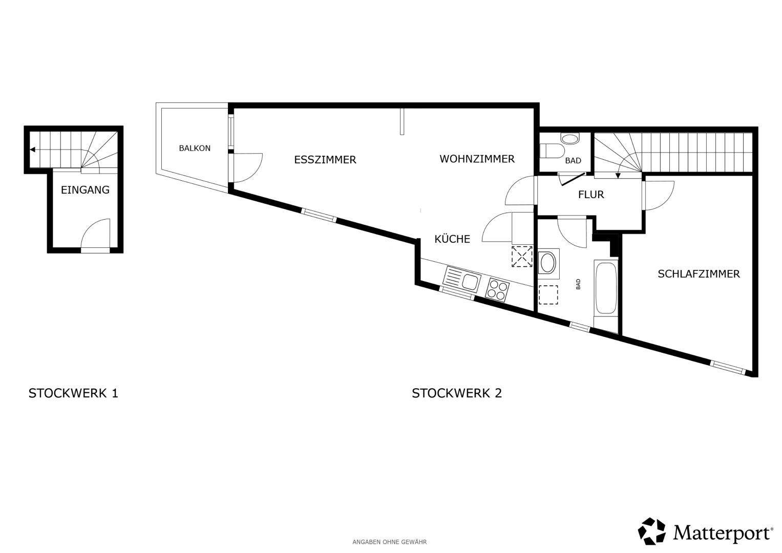 Grundrissplan der Wohnung mit zwei Stockwerken, Balkon und offenem Wohnbereich.