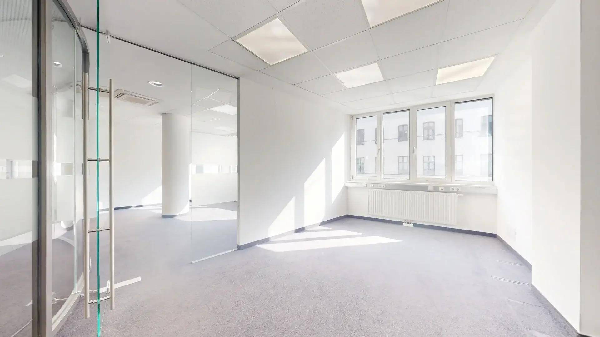 Leeres Büro mit Teppichboden, großen Fenstern und viel Sonnenlicht, bereit zur individuellen Einrichtung.
