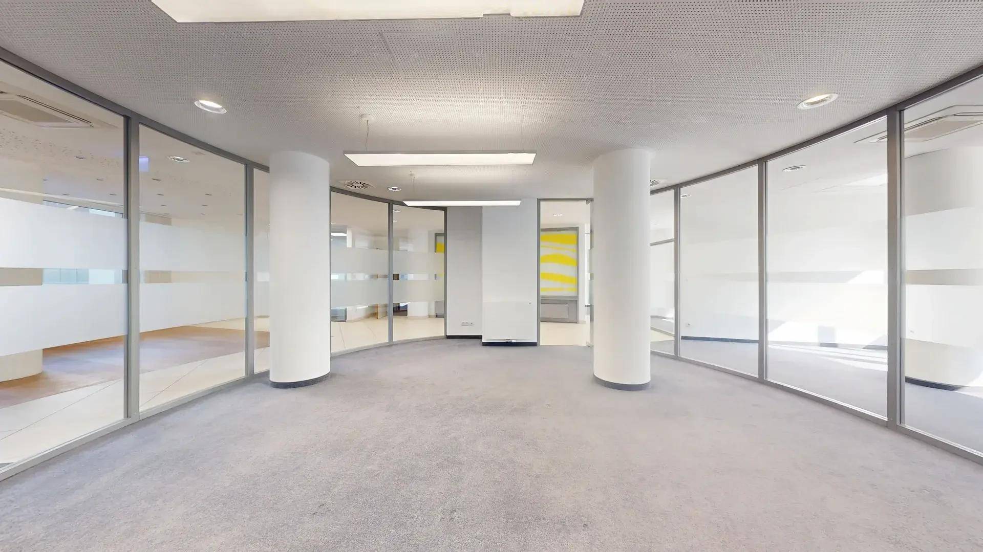 Großzügiger Bürobereich mit Teppichboden, runden Säulen und modernen Glaswänden für flexible Raumgestaltung.