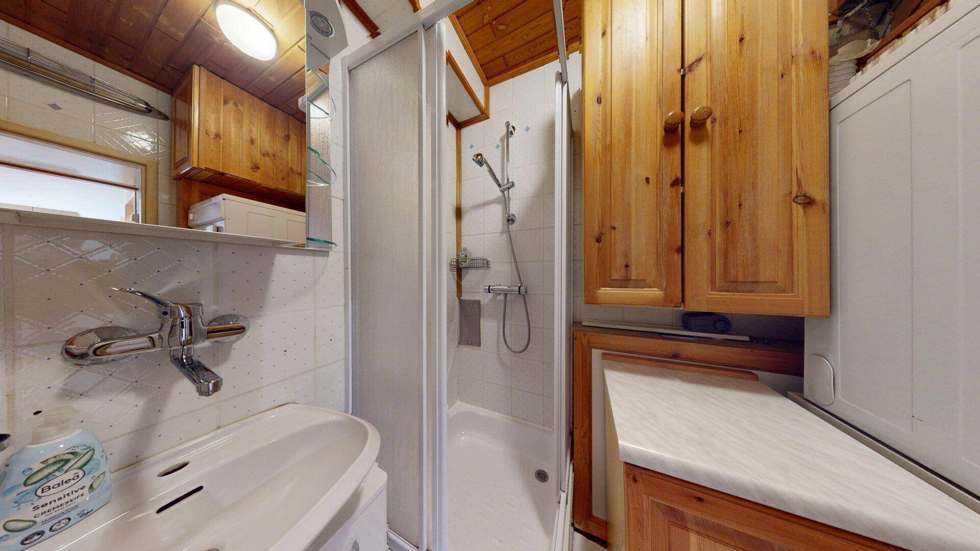 Badezimmer mit Duschkabine, Waschbecken und Spiegelschrank.