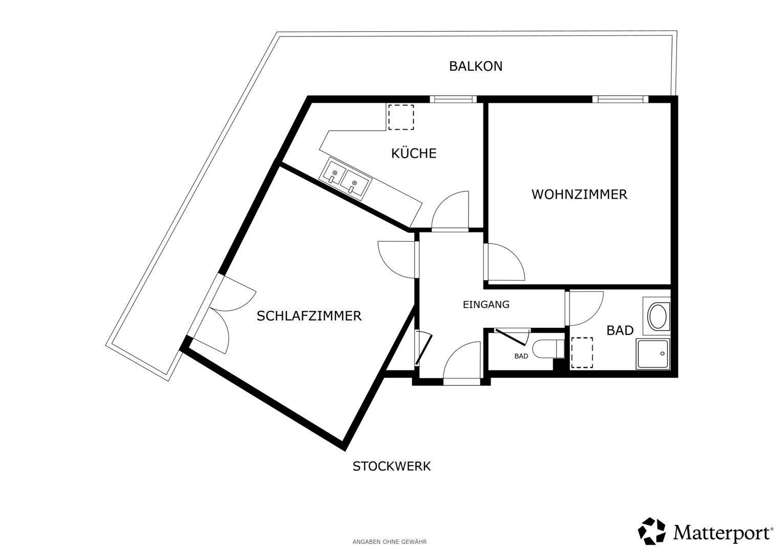 Grundriss der Wohnung mit Schlafzimmer, Wohnzimmer, Küche, Bad und Balkon.