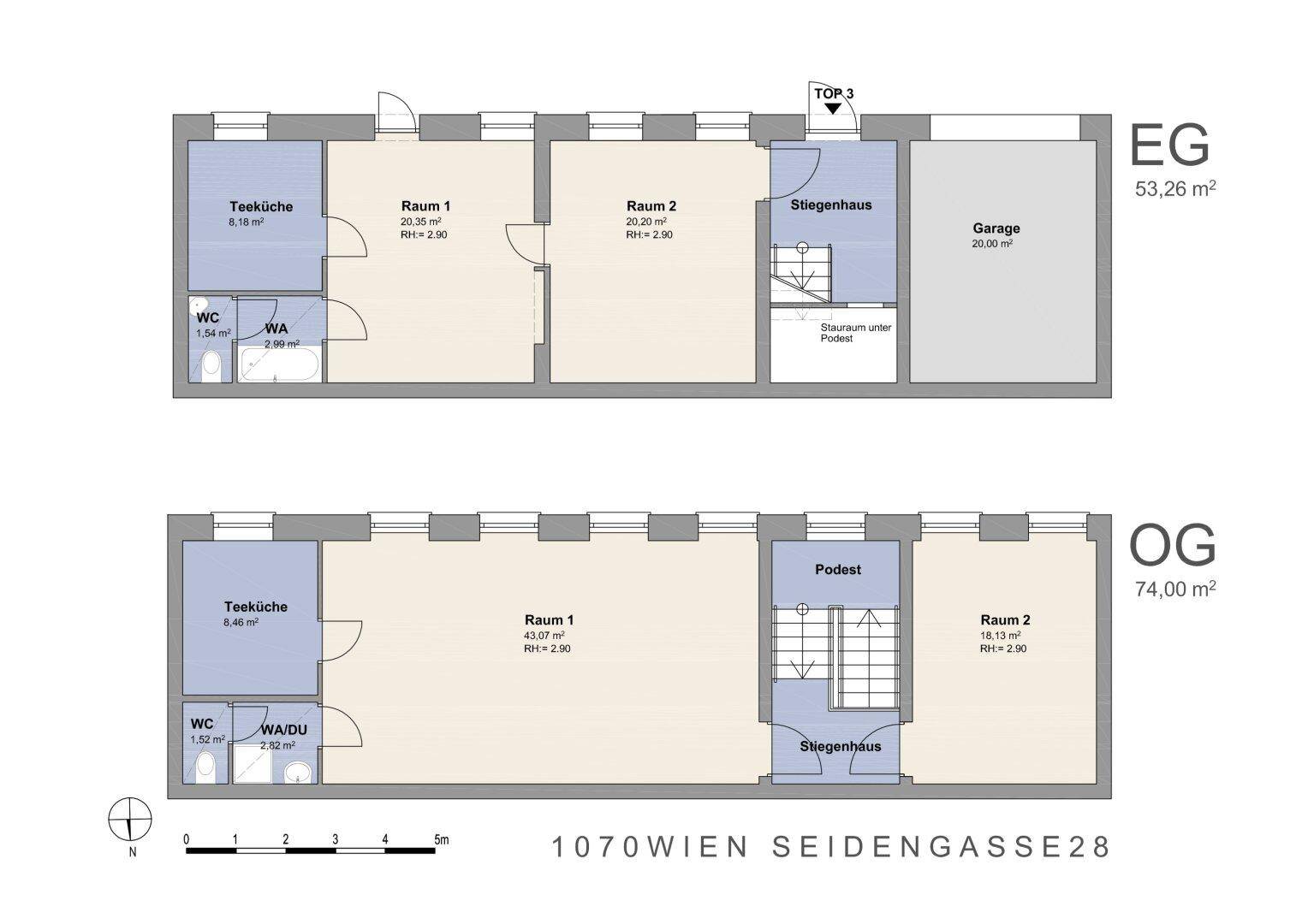 Grundriss für Erdgeschoss und Obergeschoss mit Teeküche, WC und Garage.