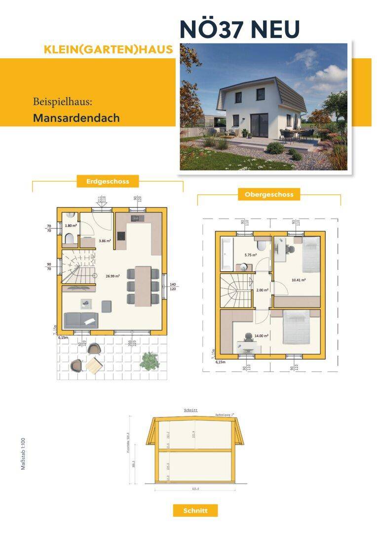 Grundriss und Schnitt eines Beispielhauses mit Mansardendach, zeigt Erd- und Obergeschoss.
