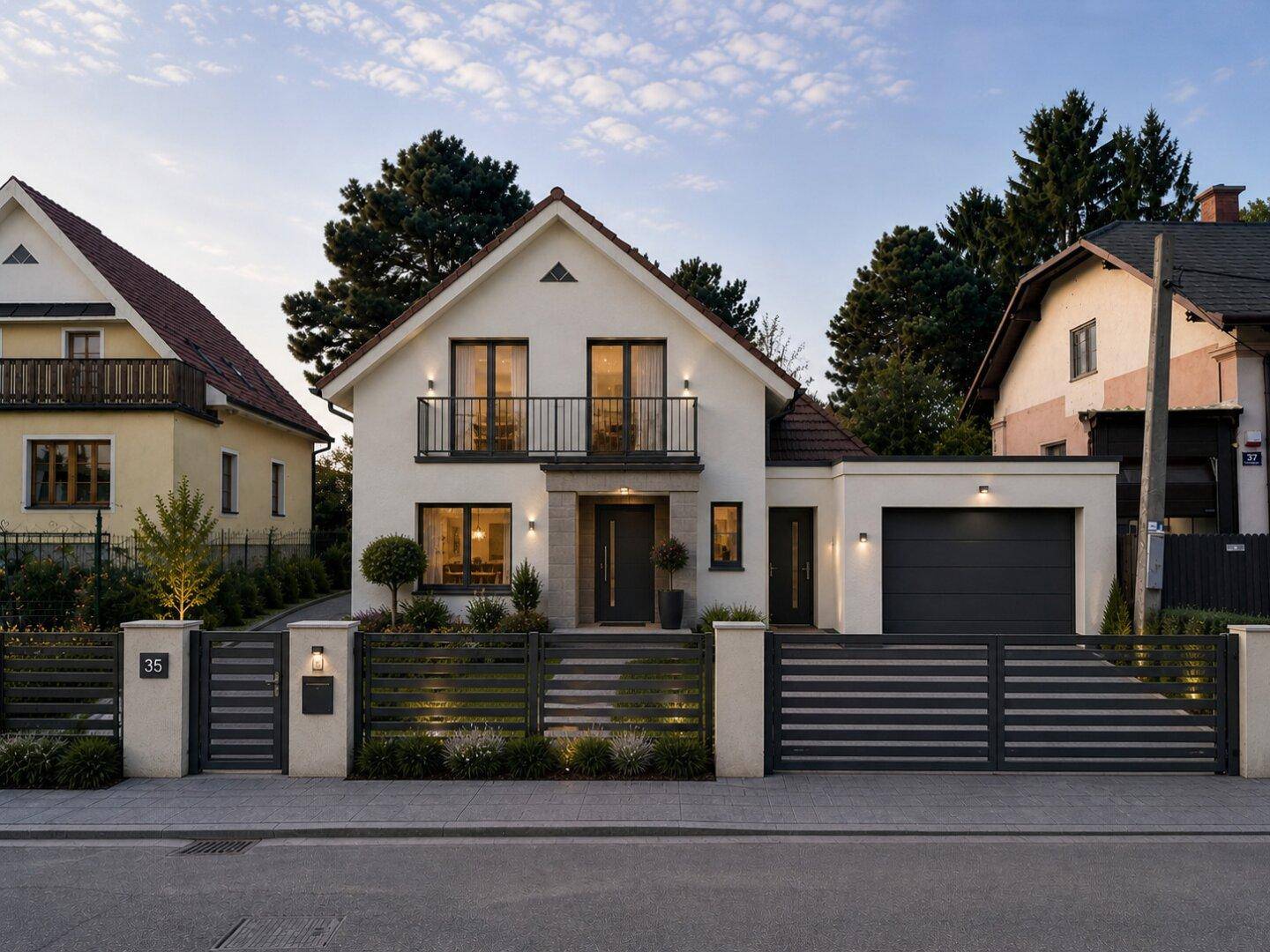 Modernes Einfamilienhaus mit Garage, gepflegtem Vorgarten und Balkonen bei Sonnenuntergang.