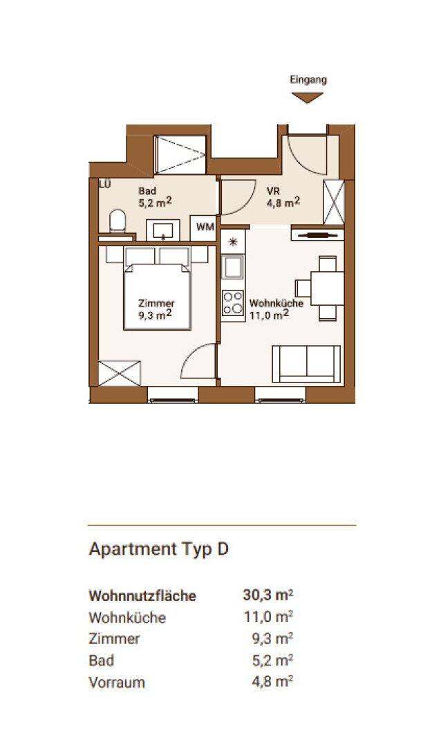 Grundriss einer kleinen Wohnung mit Schlafzimmer, Bad, offener Wohnküche und Vorraum.