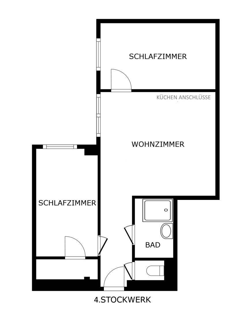 Grundriss des 4. Stockwerks mit zwei Schlafzimmern, Wohnzimmer, Küche und Bad.