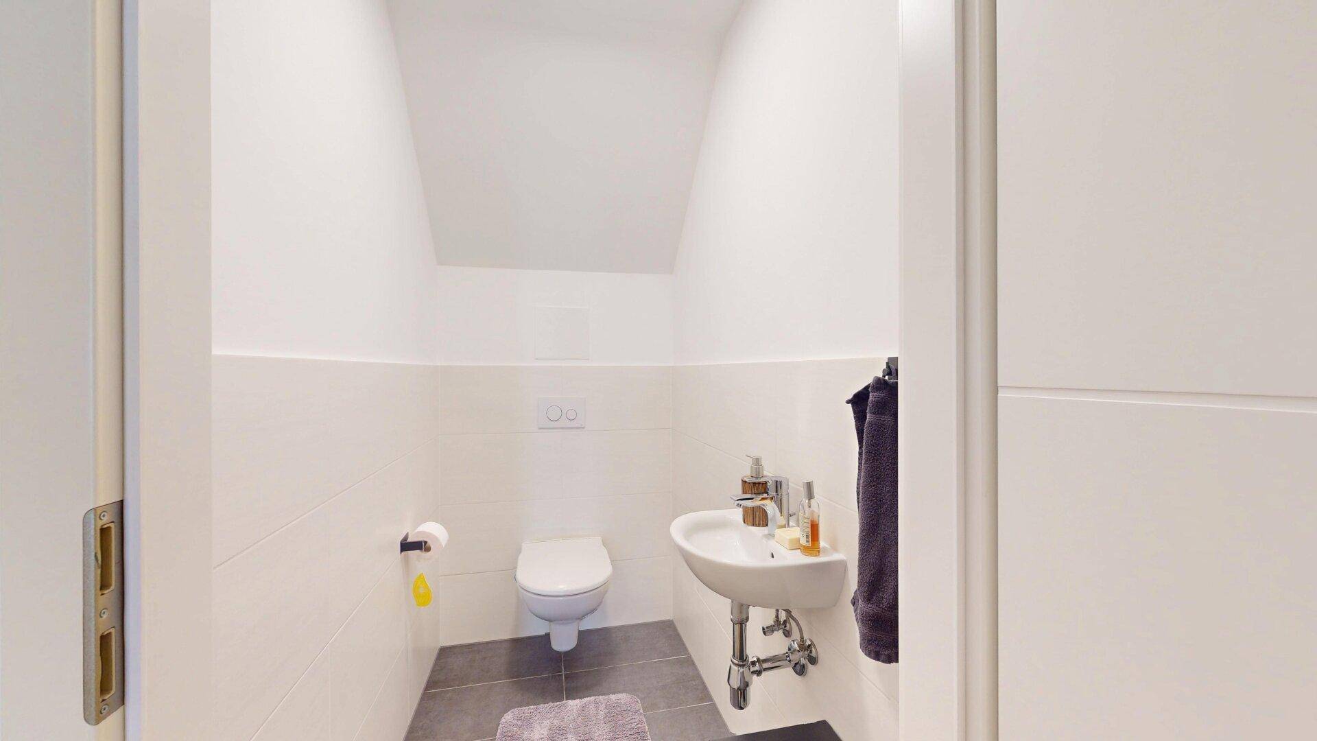 Separates Gäste-WC mit wandhängender Toilette und kleinem Waschbecken.