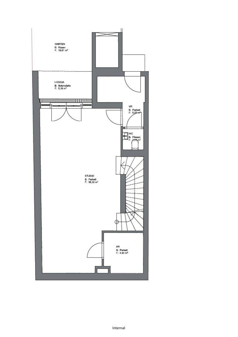 Grundriss des Erdgeschosses mit Studio, Loggia, Garten und Gäste-WC.