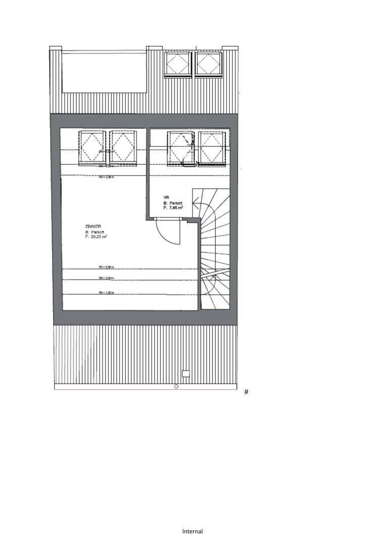 Grundriss des Dachgeschosses mit Zimmer und Dachterrasse.