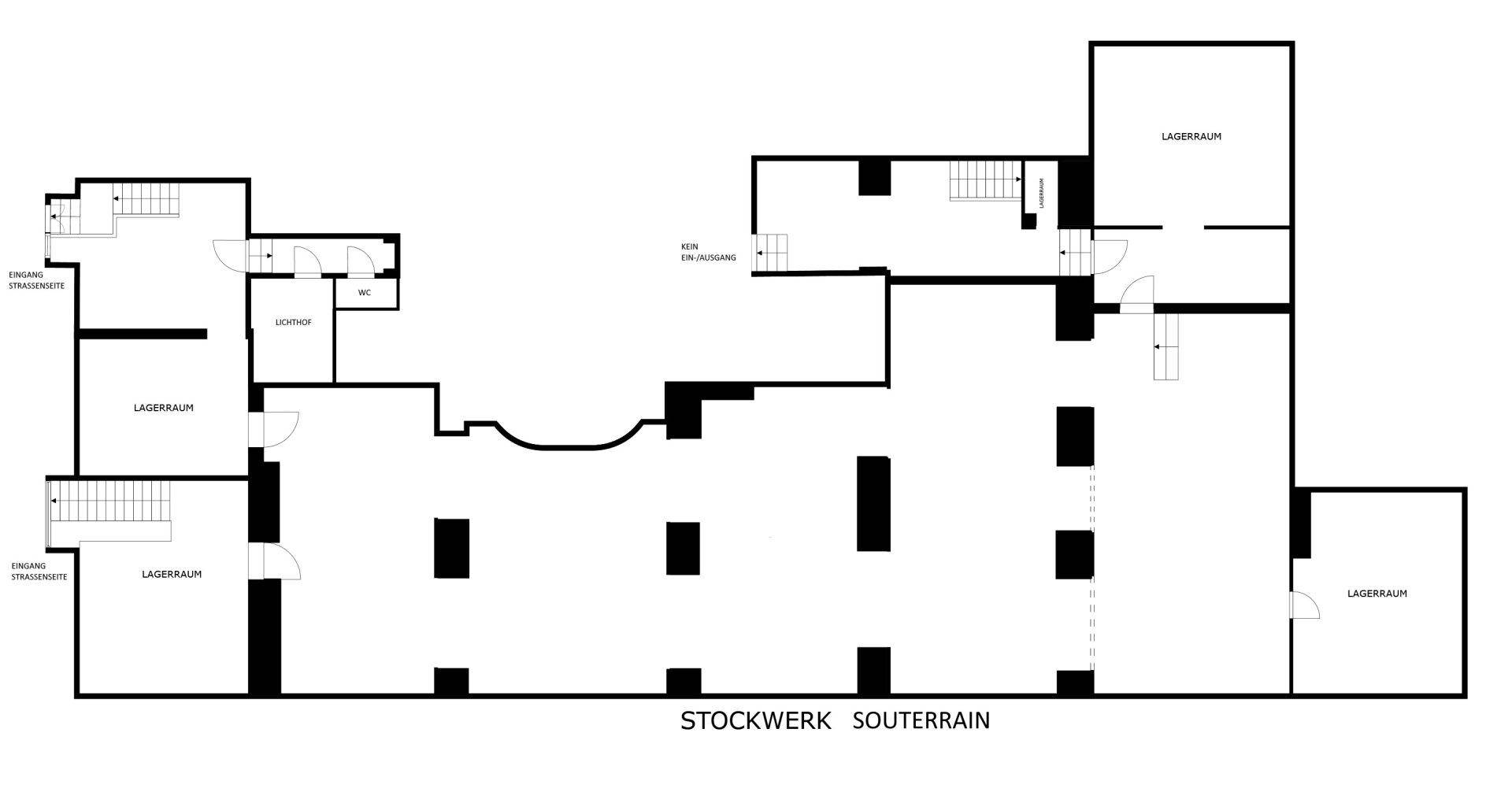Grundriss des Souterrain-Stockwerks mit mehreren Lagerräumen und Zugängen.