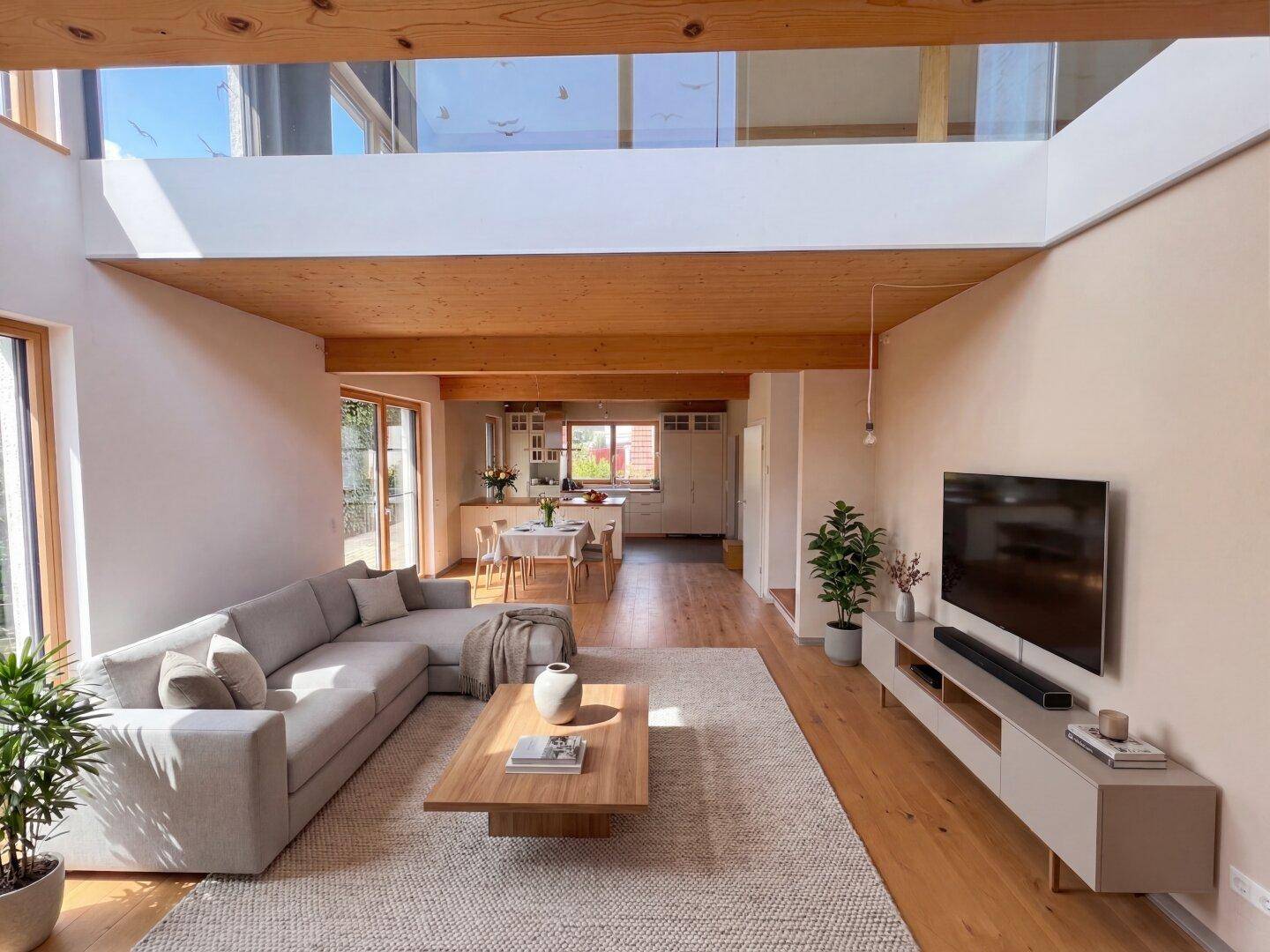 Heller, offener Wohnbereich mit Holzbalkendecke, bequemer Couch und Blick in die moderne Küche.