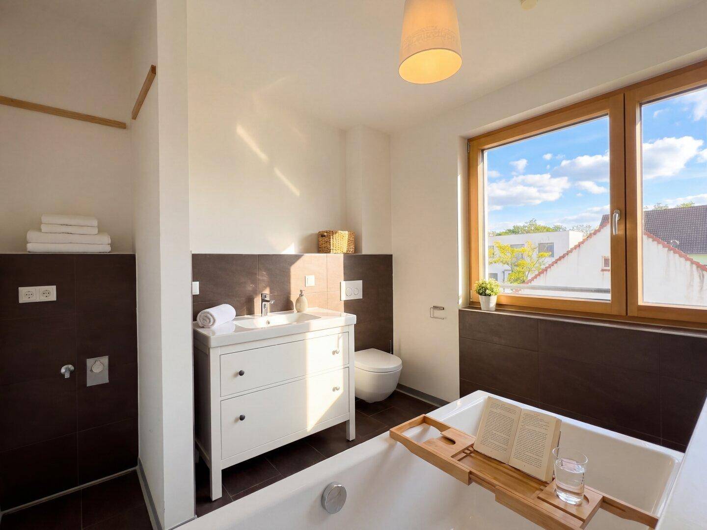 Modernes Badezimmer mit Badewanne, Einzelwaschbecken und großem Fenster für viel Tageslicht.