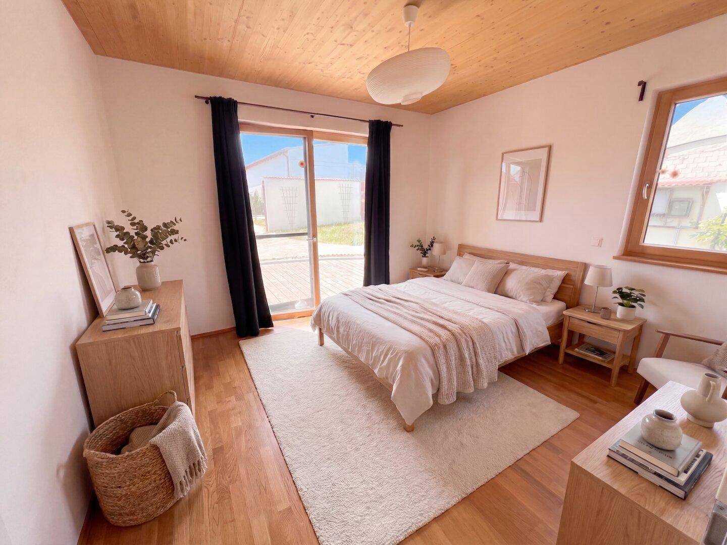 Helles Schlafzimmer mit Holzboden, Holzbalkendecke und Zugang zu einer Terrasse, modern eingerichtet.