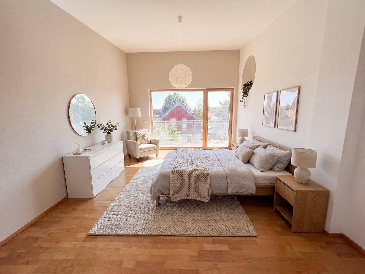 Helles Schlafzimmer mit Holzboden, großem Fenster und Zugang zu einem Balkon, modern eingerichtet.