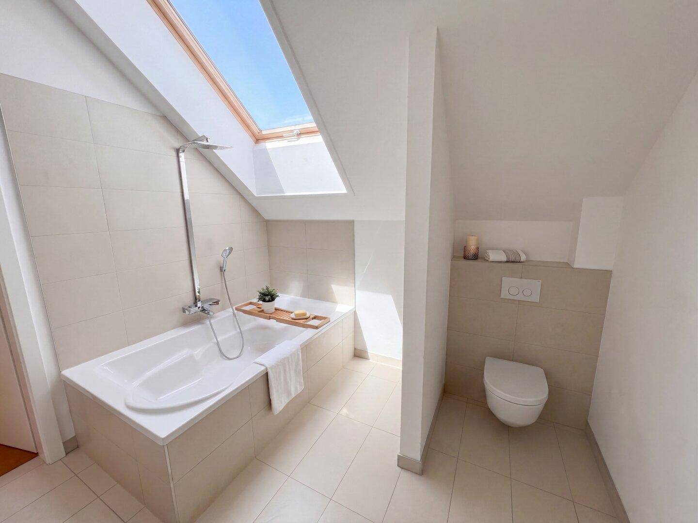 Modernes Badezimmer im Dachgeschoss mit Badewanne, Dusche und Dachfenster für viel Licht.