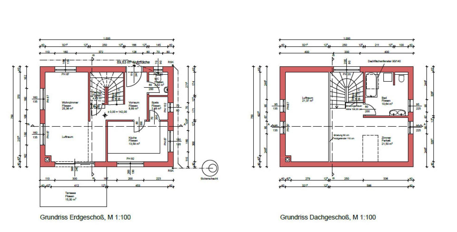 Grundriss des Erd- und Dachgeschosses mit Raumaufteilung und Flächenangaben.