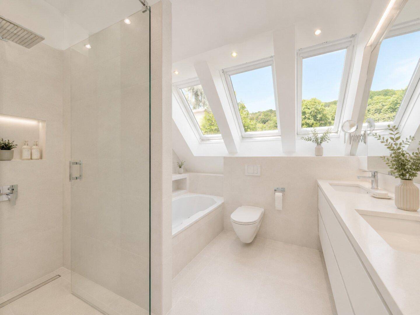 Modernes Badezimmer mit begehbarer Dusche, Badewanne, WC und Dachfenstern.