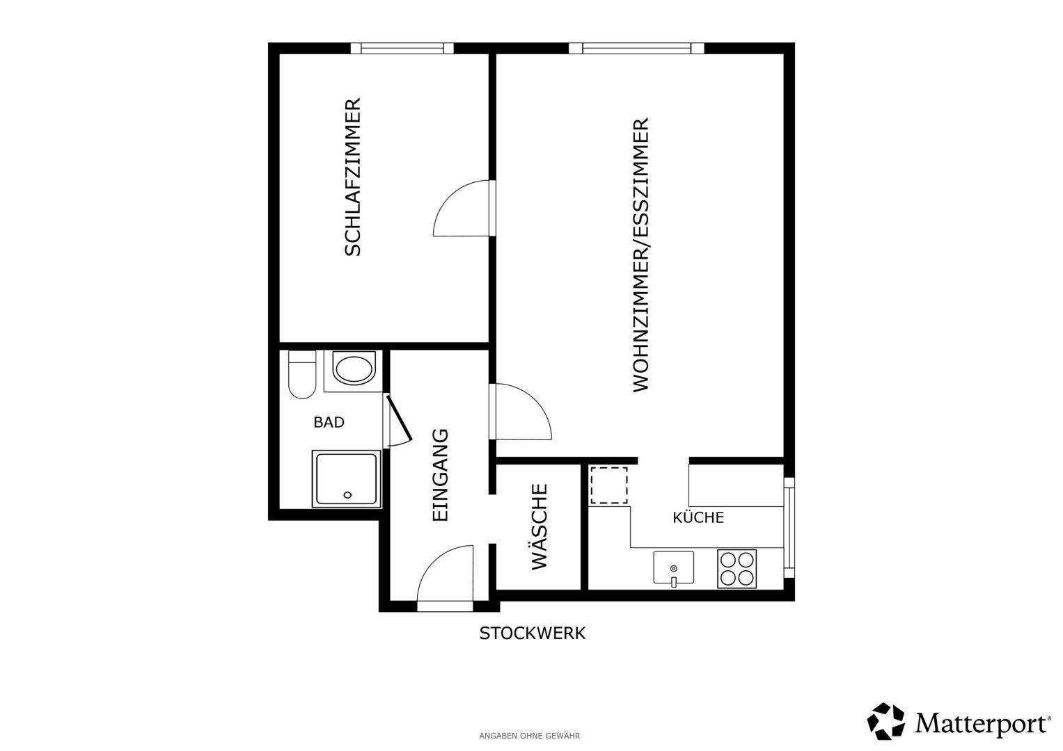Grundriss der Wohnung mit Schlafzimmer, Wohn-/Esszimmer, Bad, Eingang, Waschküche und Küche.