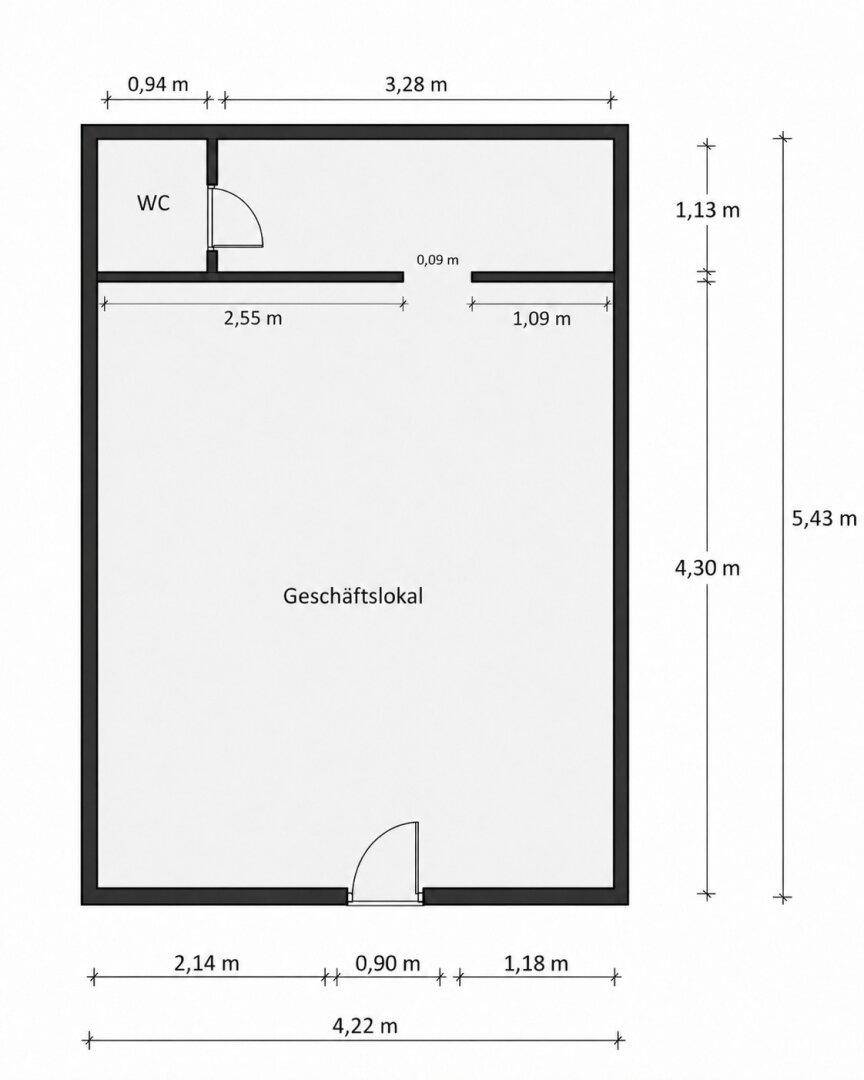 Grundriss eines Geschäftslokals mit separatem WC und klaren Abmessungen der Räumlichkeiten.