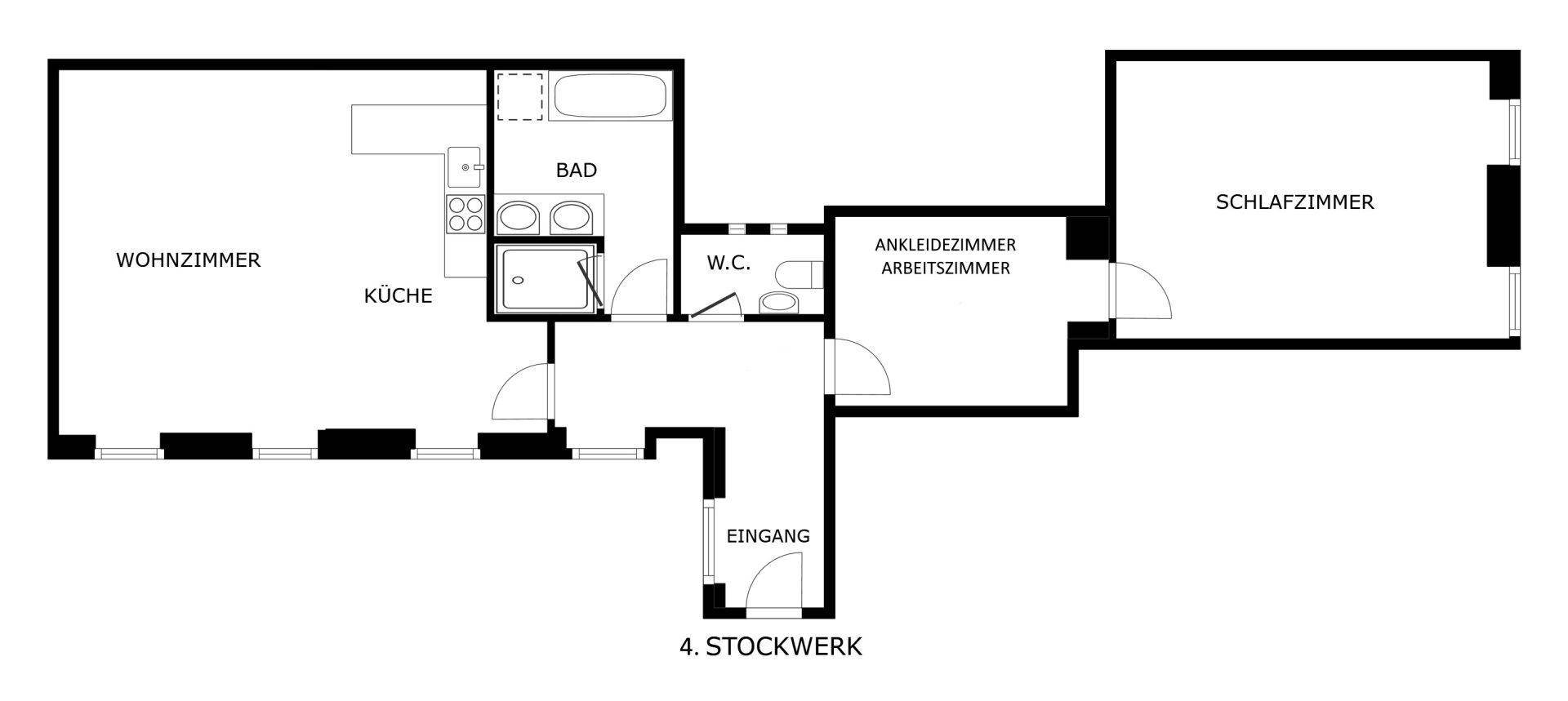 Grundriss des 4. Stockwerks mit Wohnzimmer, Küche, Bad, WC und Schlafzimmer.