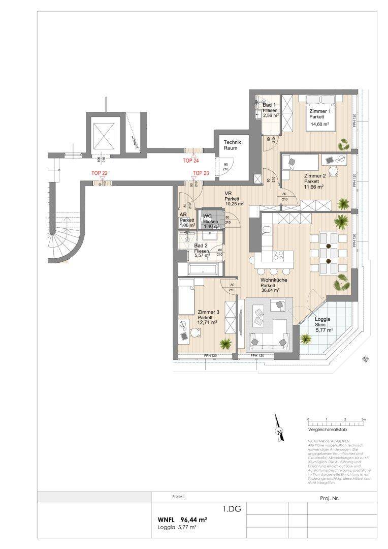 Detaillierter Grundriss einer Wohnung mit drei Zimmern, Wohnküche und Loggia.