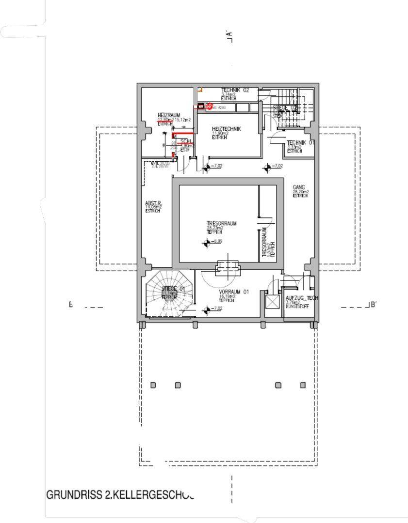 Grundriss des zweiten Kellergeschosses mit Tresorraum und weiteren Technikbereichen.