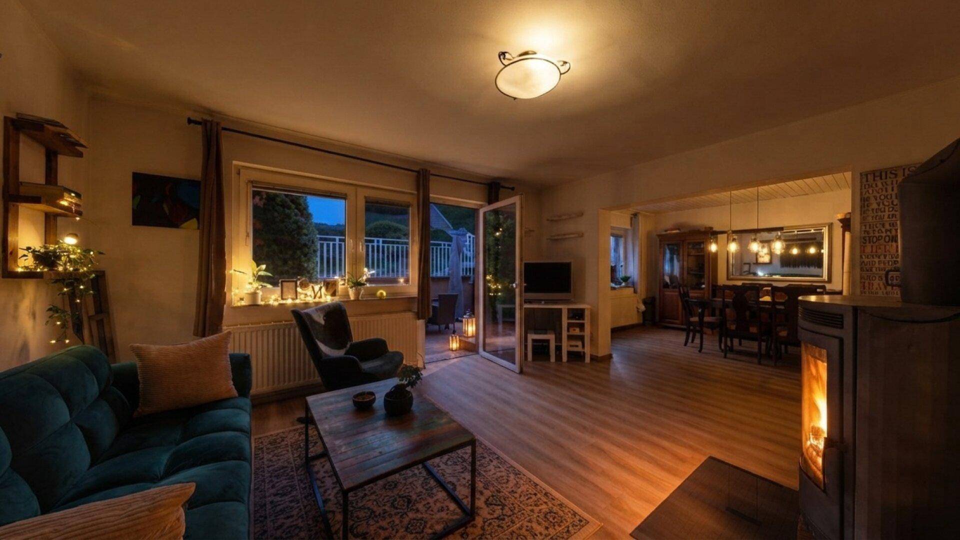 Gemütlicher Wohn- und Essbereich am Abend, beleuchtet mit Kaminfeuer und stimmungsvollen Lichtern.
