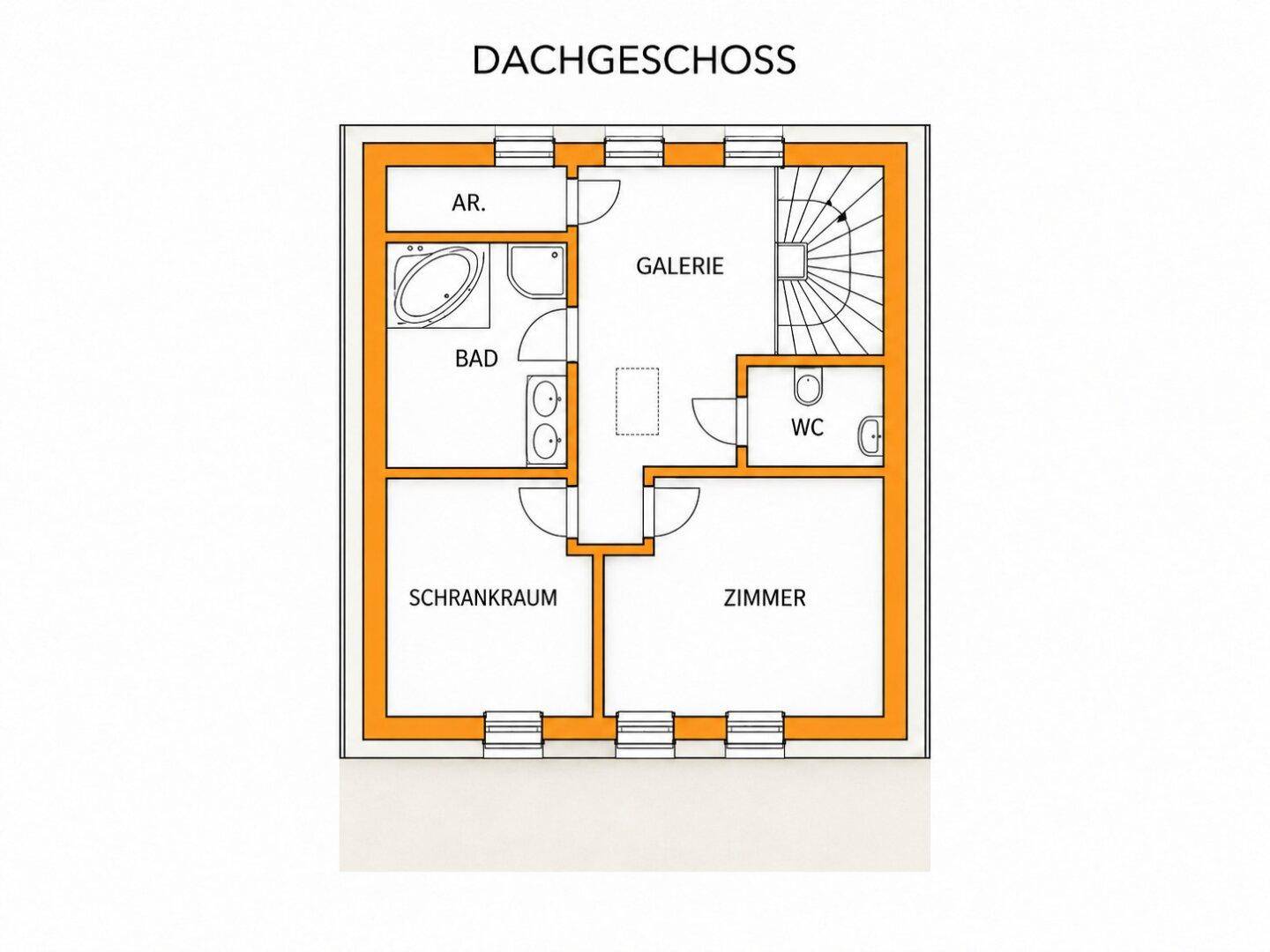 Grundriss des Dachgeschosses mit Bad, WC, Zimmer und einem praktischen Schrankraum.