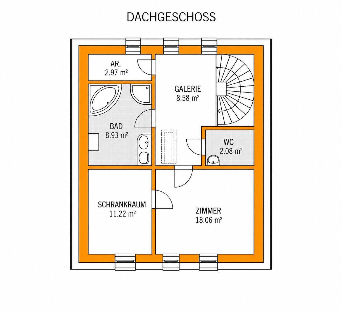 Grundriss des Dachgeschosses mit Bad, WC, Zimmer und einem separaten Schrankraum.