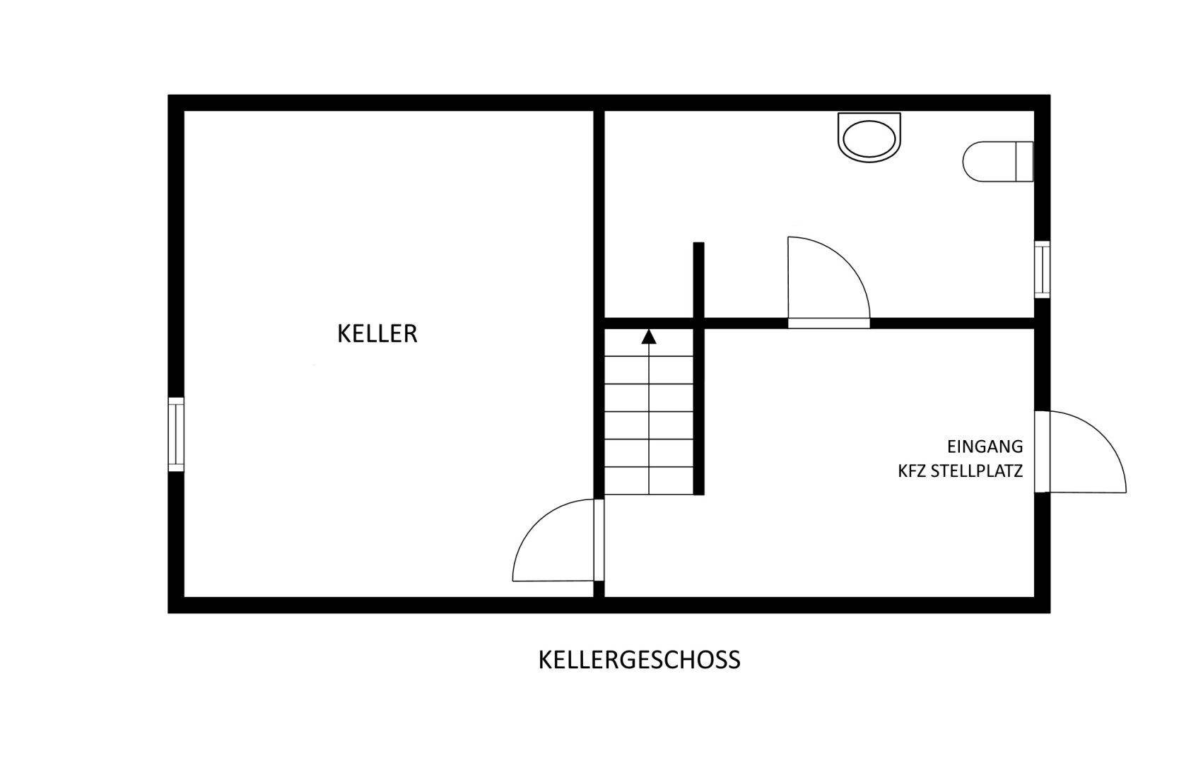 Grundriss des Kellergeschosses mit Abstellräumen und Zugang zum Stellplatz.