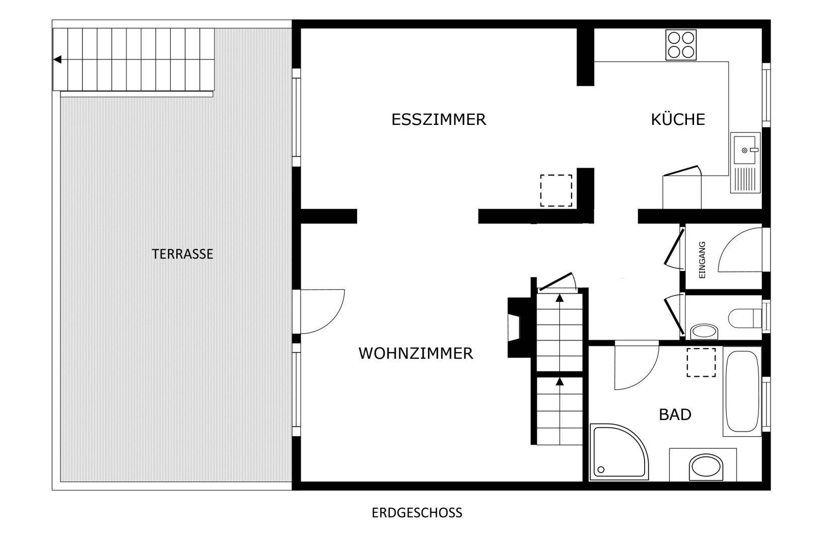 Grundriss des Erdgeschosses mit Wohnzimmer, Esszimmer, Küche und großer Terrasse.