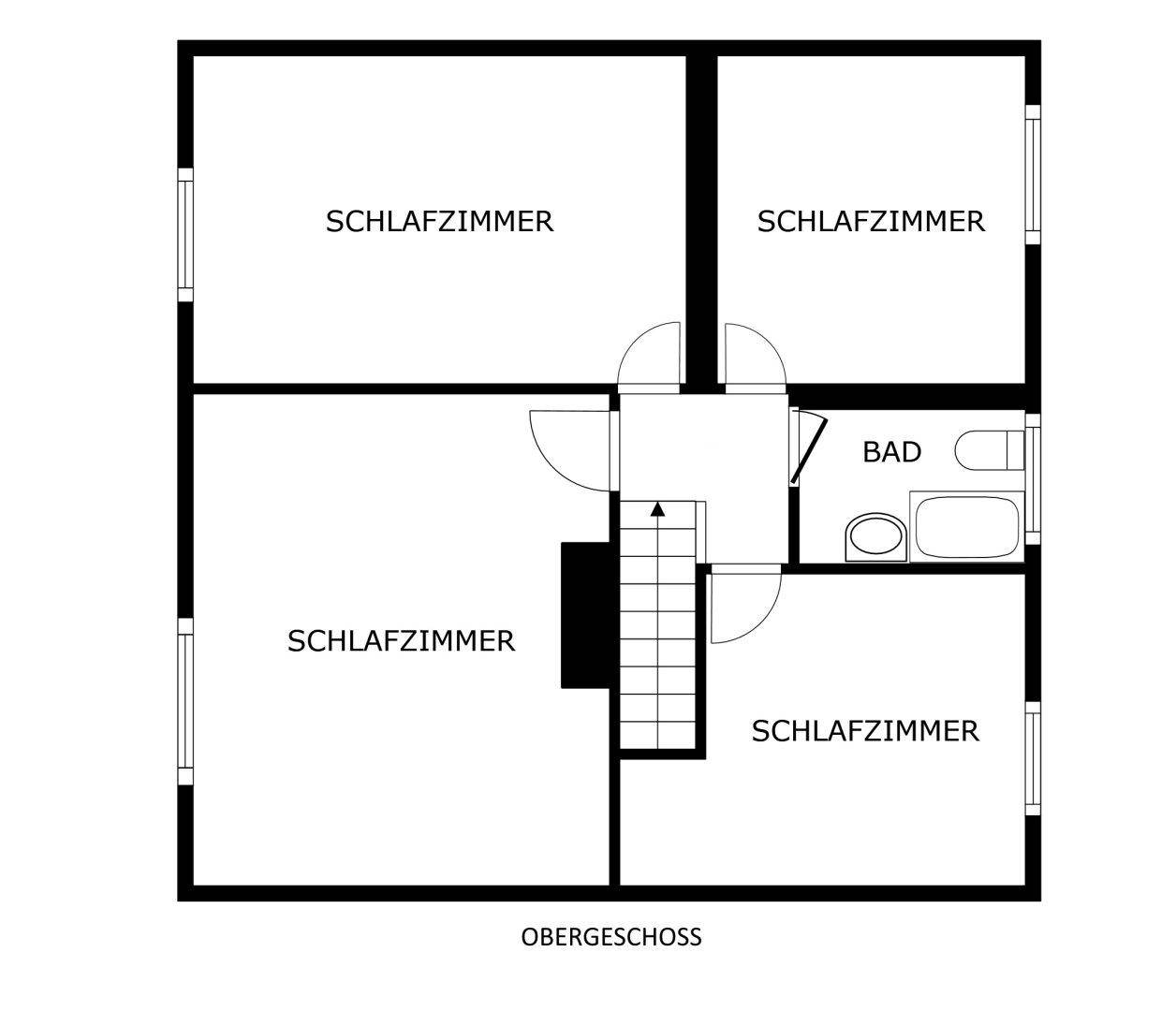 Grundriss des Obergeschosses mit vier Schlafzimmern und einem Badezimmer.