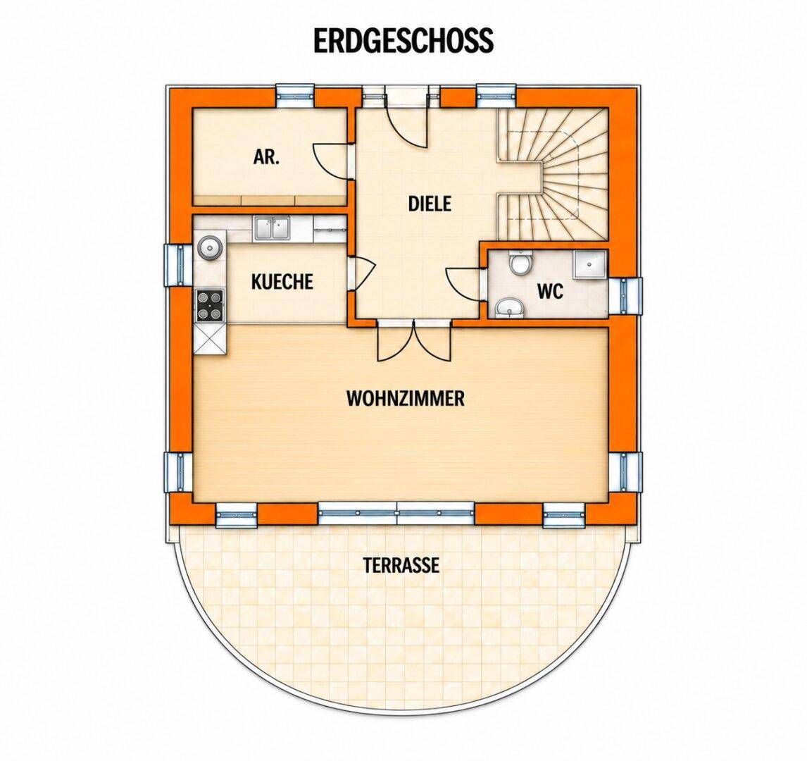 Grundriss des Erdgeschosses mit Wohnzimmer, Küche, WC und einer großzügigen Terrasse.