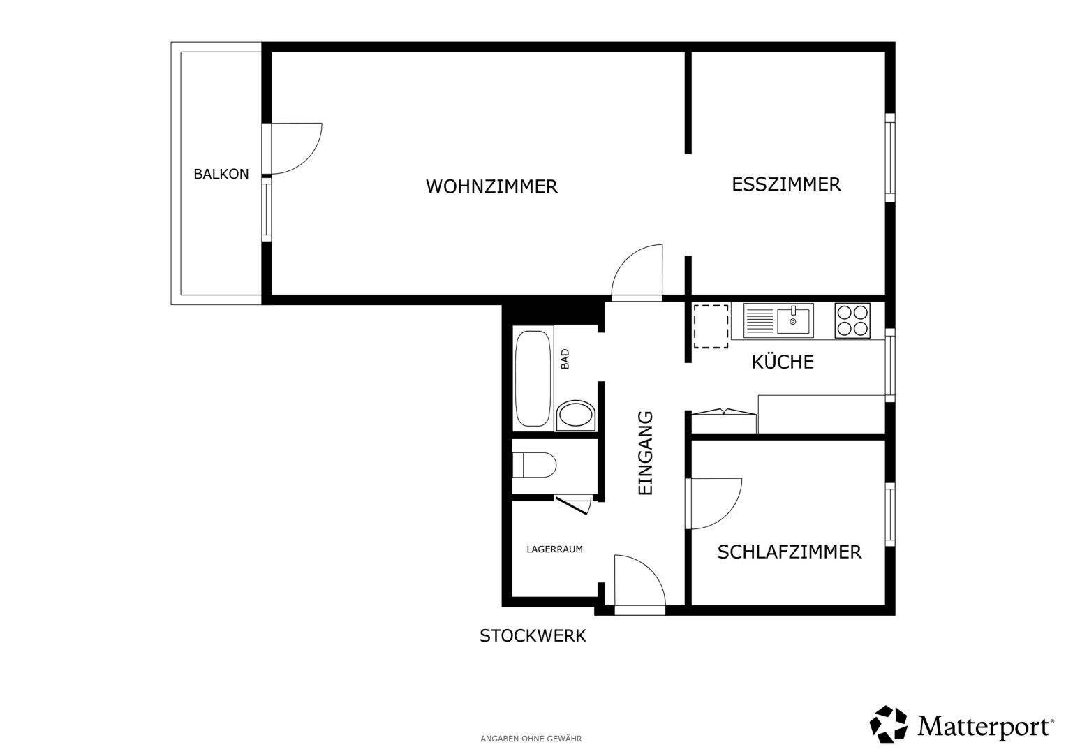 Grundriss der Wohnung mit Wohnzimmer, Esszimmer, Küche, Schlafzimmer, Bad, WC und Balkon.