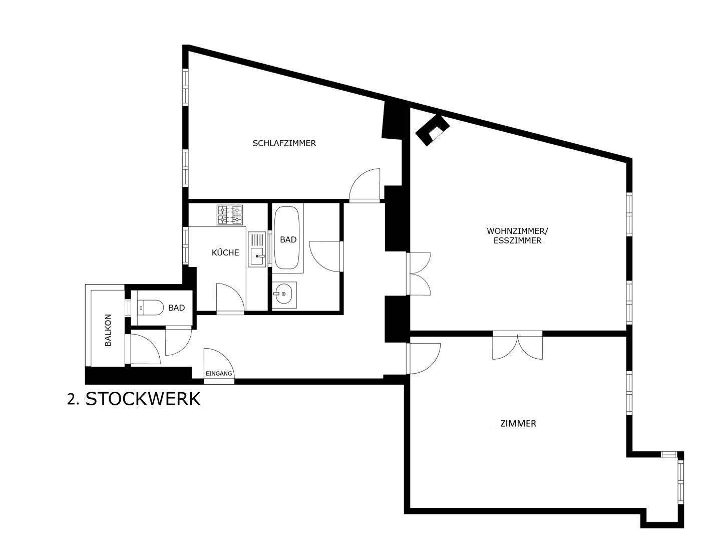 Grundriss des 2. Stockwerks mit Schlafzimmer, Wohn-/Esszimmer, weiterem Zimmer, Küche und zwei Bädern.
